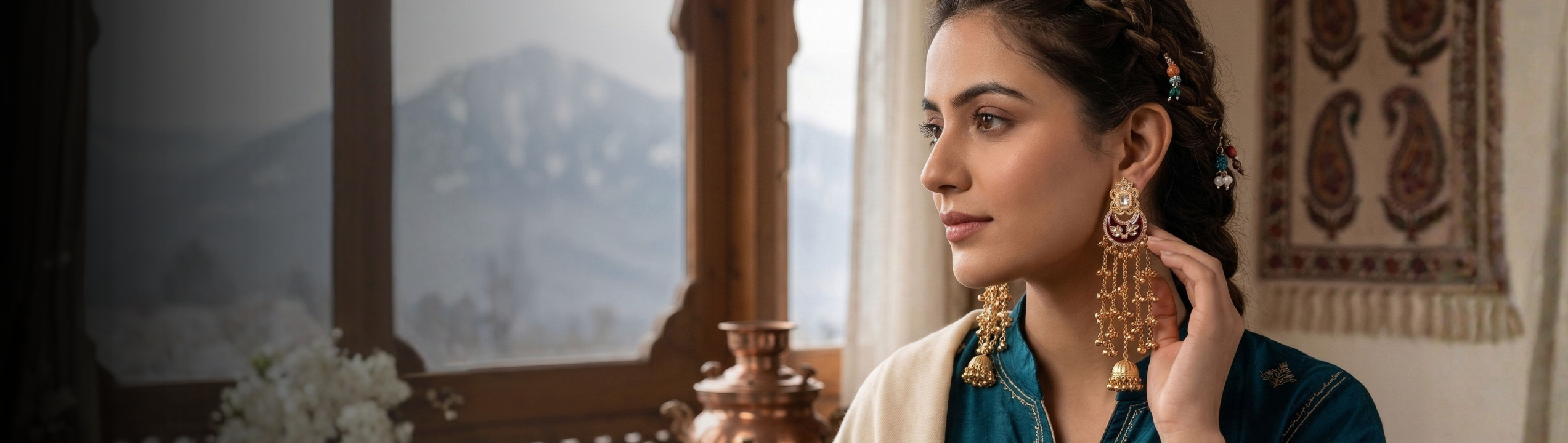 A kashmiri woman wearing Kashmir earrings