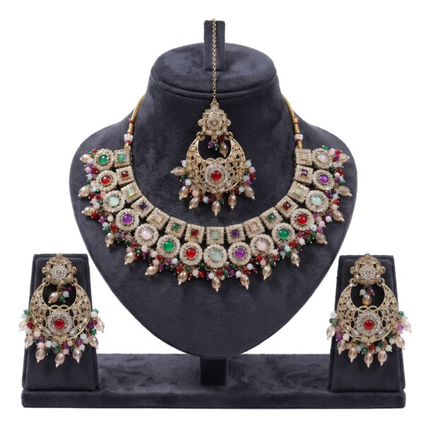 Traditional Multicolor Choker Necklace Set with Chandbali Earrings and Maang Tikka