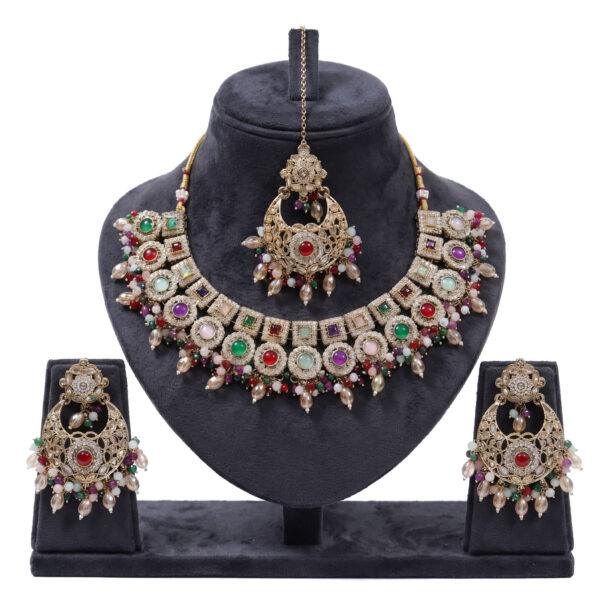 Traditional Multicolor Choker Necklace Set with Chandbali Earrings and Maang Tikka