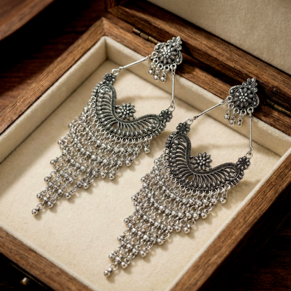 Oxidized Long Chain Tassel Earrings for Women - Ethnic Tribal Boho Drop Dangler Jewelry for Wedding & Party