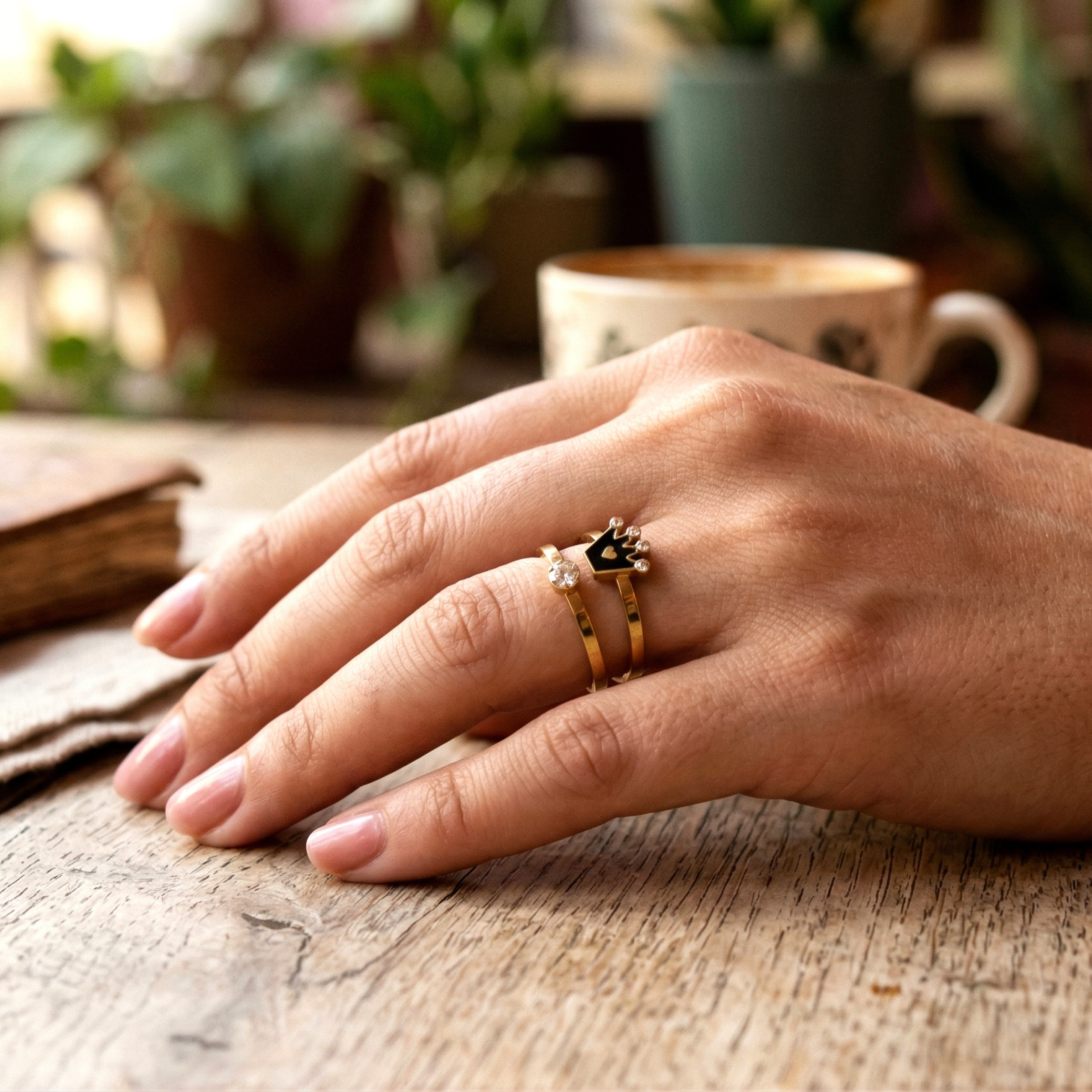 Cz Studded Black Crown Double Ring on Finger