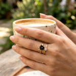 Gold Plated Rings for Women & Girls | Black Enamel Clover Crown CZ Stone Rings | Wrap Stackable Finger Rings Set for Daily Wear & Gift - Image 4