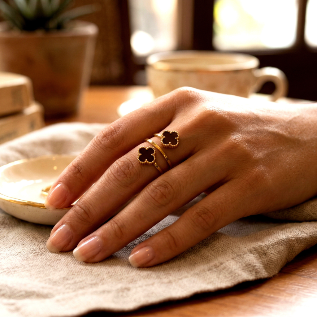 Double Black Clover Gold Plated Ring on finger