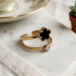 Gold Plated Rings for Women & Girls | Black Enamel Clover Single Floral CZ Stone Rings | Wrap Stackable Finger Rings Set for Daily Wear & Gift - Image 2