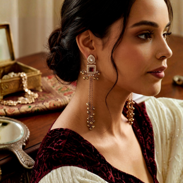 Maroon Stone kashmiri earrings on woman