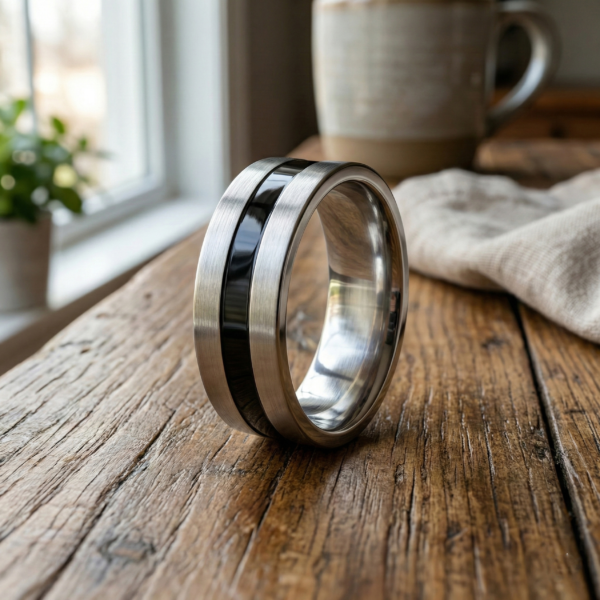 black striped stainless steel ring