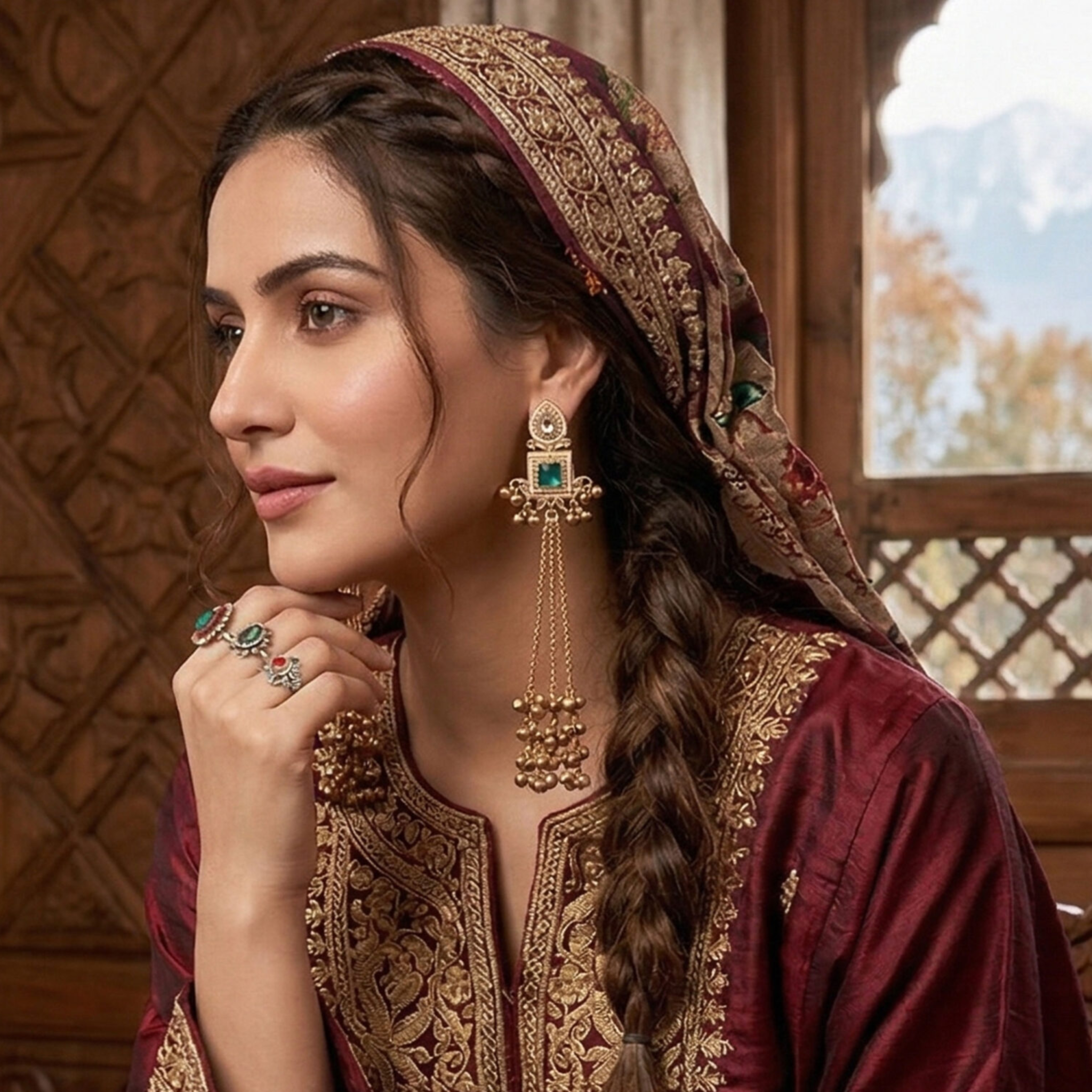 dark green stone kashmiri earrings on woman