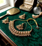 Traditional Champagne Gold Tone Choker Necklace Set with Earrings and Maang Tikka - Image 4