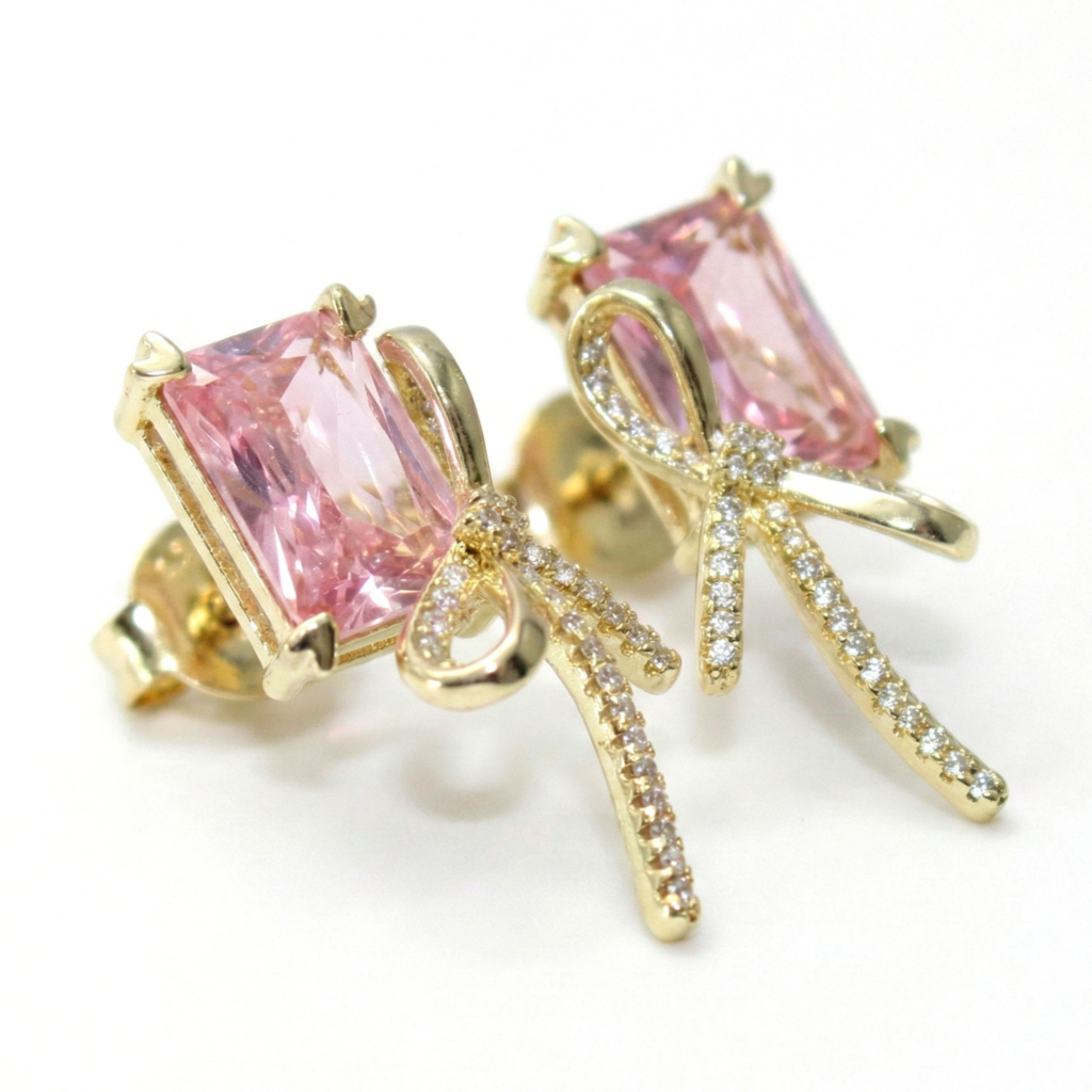 Pink Crystal Bow Korean Stud