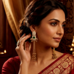 green stone kashmiri earrings on woman