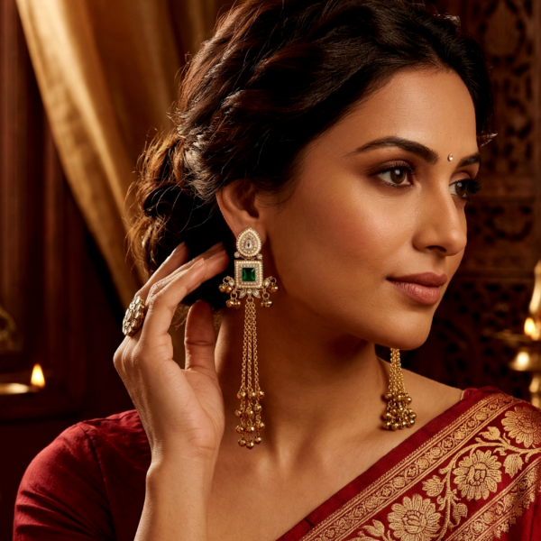 green stone kashmiri earrings on woman