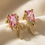 Korean Fashion Emerald Cut Crystal & Bow Stud Earrings for Women - Image 10