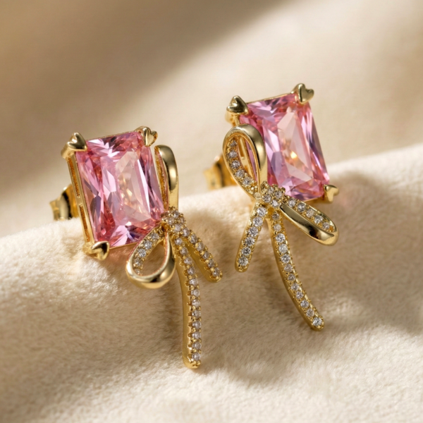 Korean Fashion Emerald Cut Crystal & Bow Stud Earrings for Women