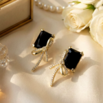 Korean Fashion Emerald Cut Crystal & Bow Stud Earrings for Women - Image 9