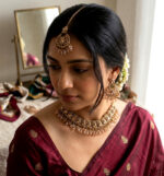 Traditional Champagne Gold Tone Choker Necklace Set with Earrings and Maang Tikka - Image 5
