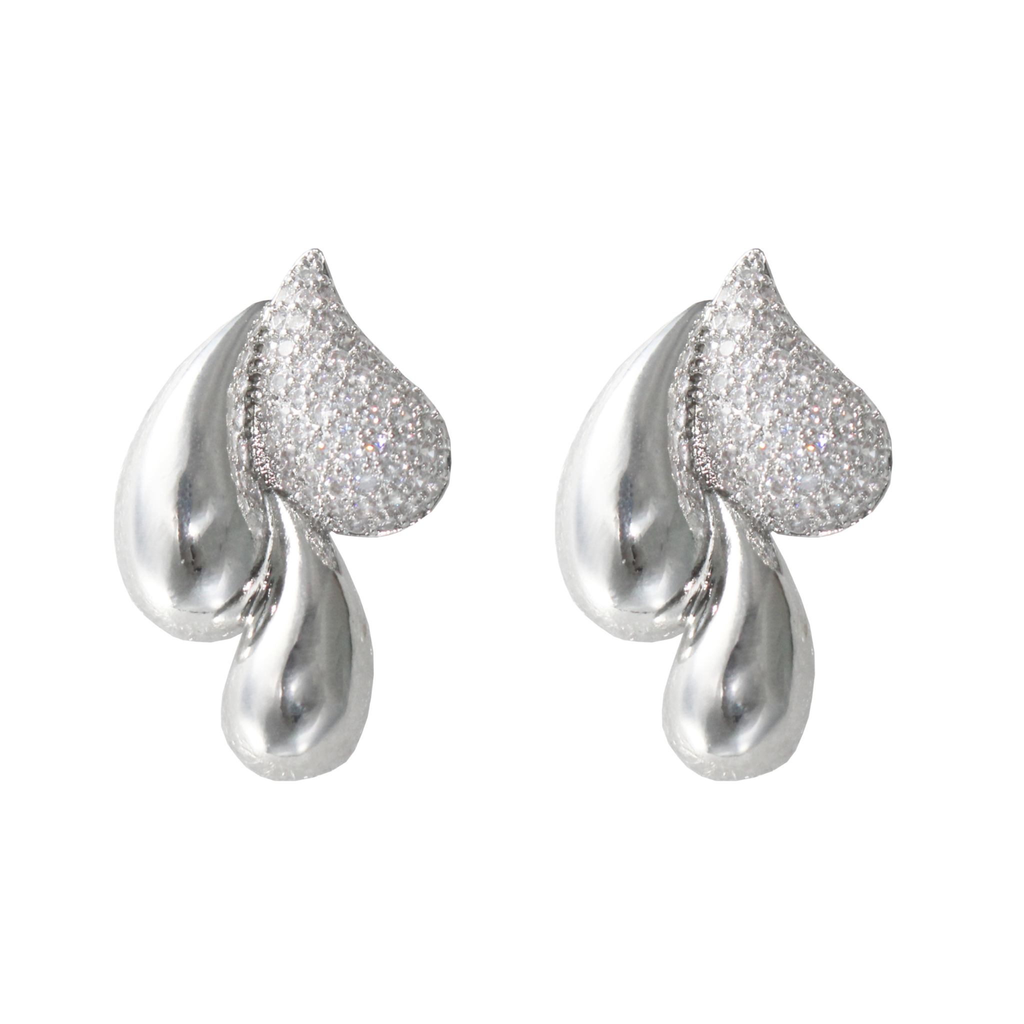 Crystal Studded Silver Raindrop Stud