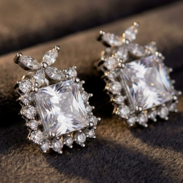Square Cushion Cut Halo CZ Crystal Silver Tone Stud Korean Style Earrings