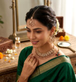 Traditional Champagne Gold Tone Choker Necklace Set with Earrings and Maang Tikka - Image 3