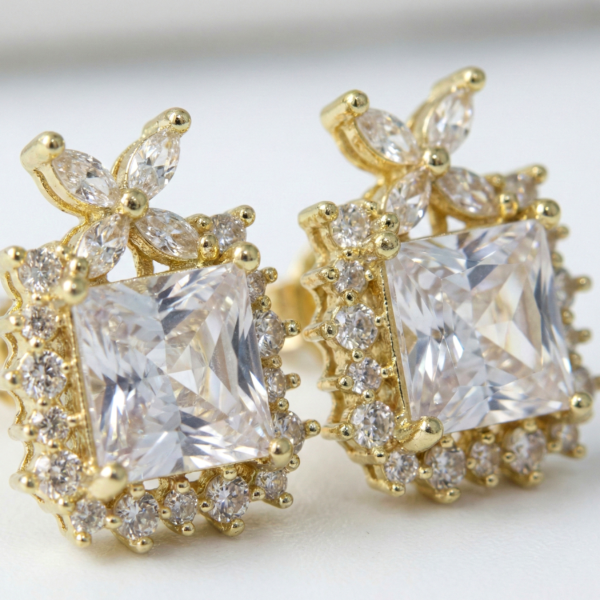 Square Cushion Cut Halo CZ Crystal Stud Korean Style Earrings