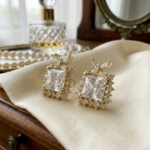 Square Cushion Cut Halo CZ Crystal Stud Korean Style Earrings - Image 5