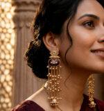 Kashmiri Style Gold Chain Earrings with Ghungroo - Image 3