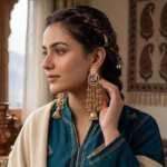 Maroon Chandbali kashmiri earring on woman