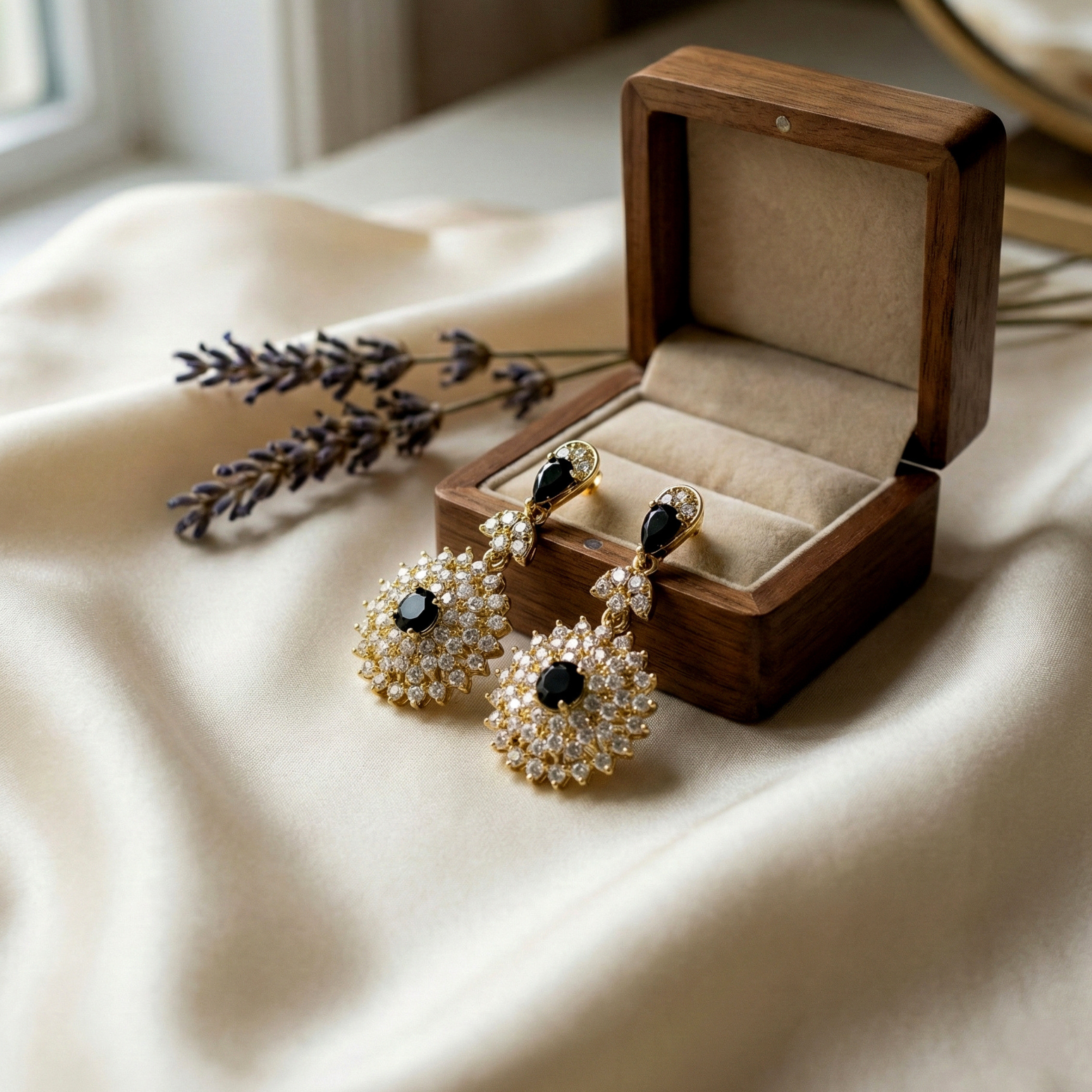 Sunburst Gold-Plated Statement Black Drop Earrings