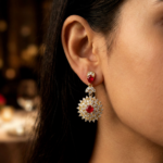 Gold Plated Floral Drop Earrings Set for Women & Girls | Black & Ruby Red Cubic Zirconia Crystal Dangle Earrings | Traditional Ethnic Statement Jewellery for Wedding, Anniversary, Festival & Gift - Image 4