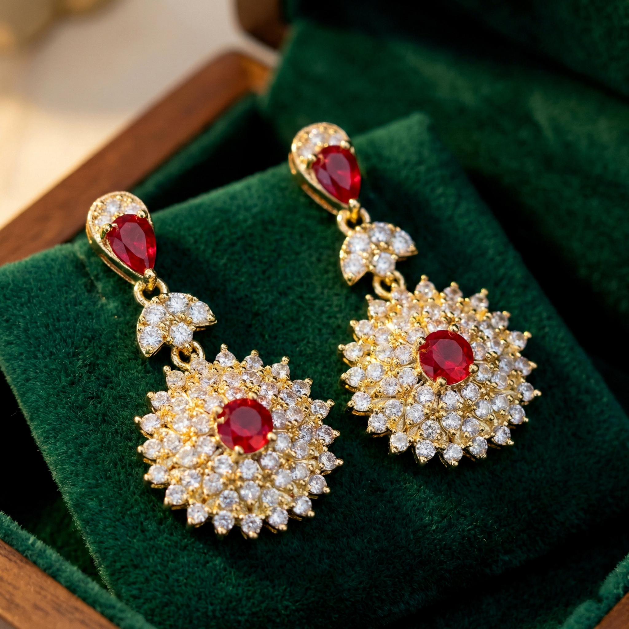 Sunburst Gold-Plated Statement Red Drop Earrings