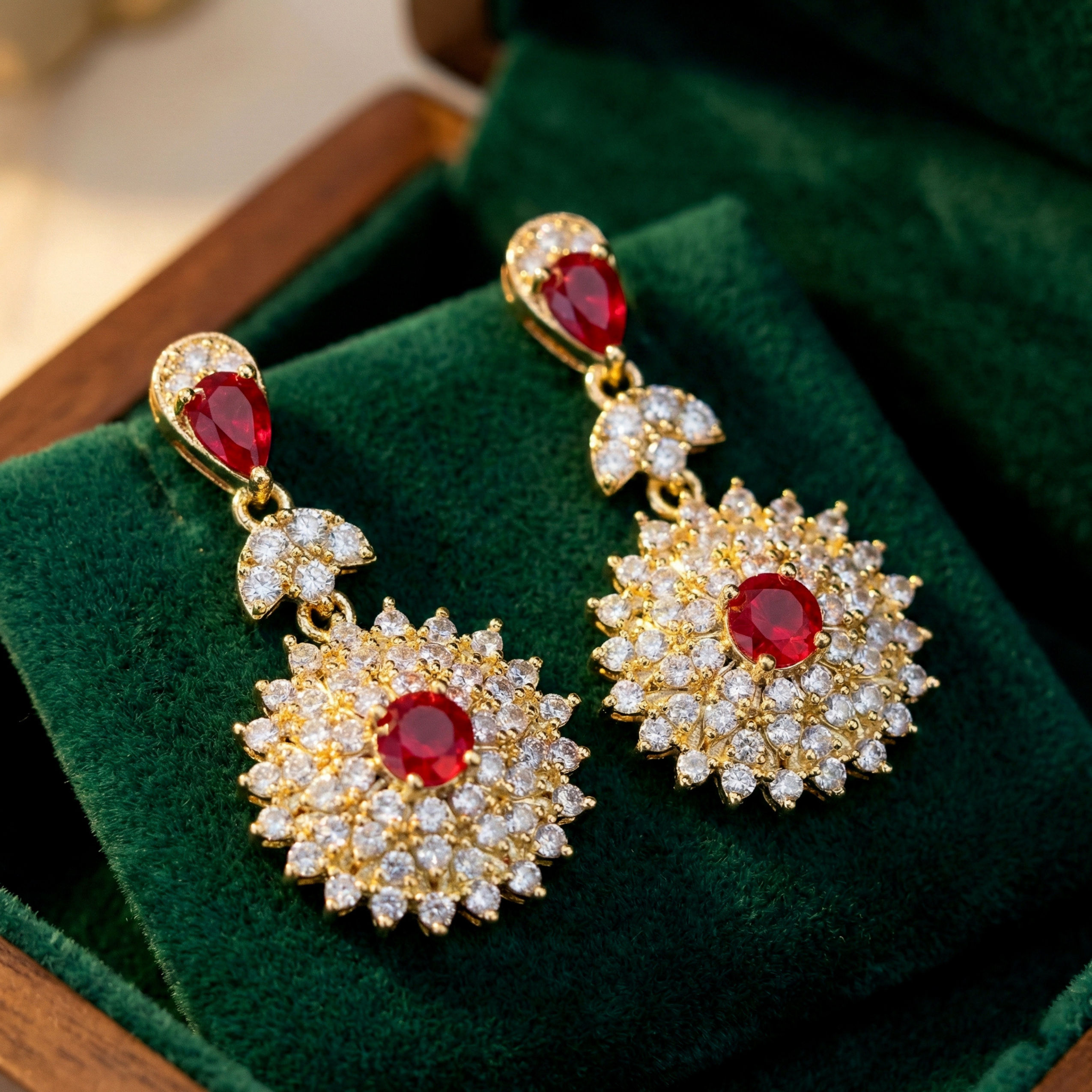 Sunburst Gold-Plated Statement Red Drop Earrings