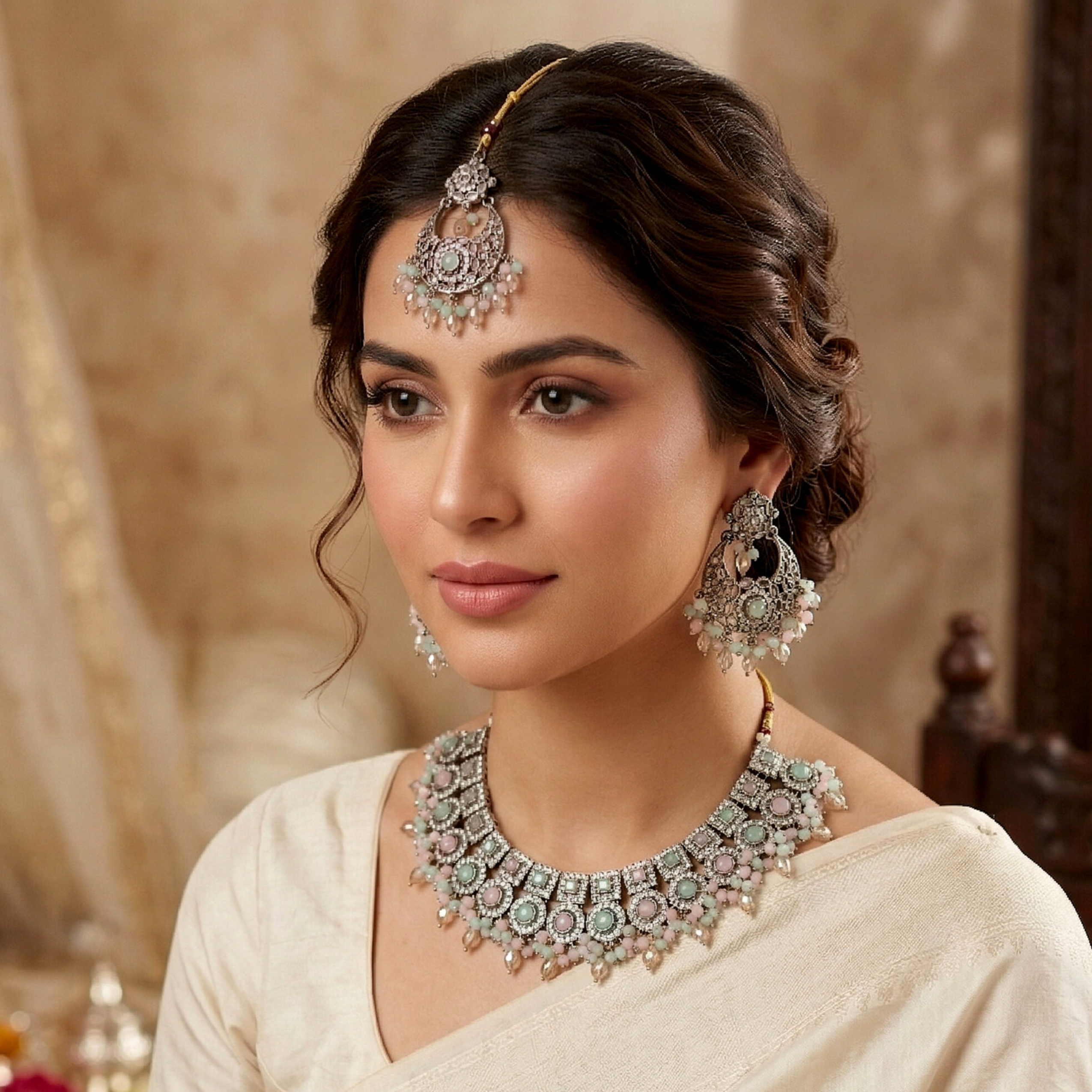 pink and green jewellery set on woman