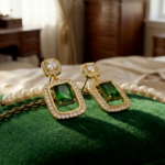 Green Stone Earrings for Women, Emerald Colored Crystal Drop Earrings, Gold Plated CZ Dangler Design, Stylish Green Colour Earrings - Image 3