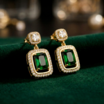Green Stone Earrings for Women, Emerald Colored Crystal Drop Earrings, Gold Plated CZ Dangler Design, Stylish Green Colour Earrings