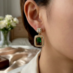 Green Stone Earrings for Women, Emerald Colored Crystal Drop Earrings, Gold Plated CZ Dangler Design, Stylish Green Colour Earrings - Image 2