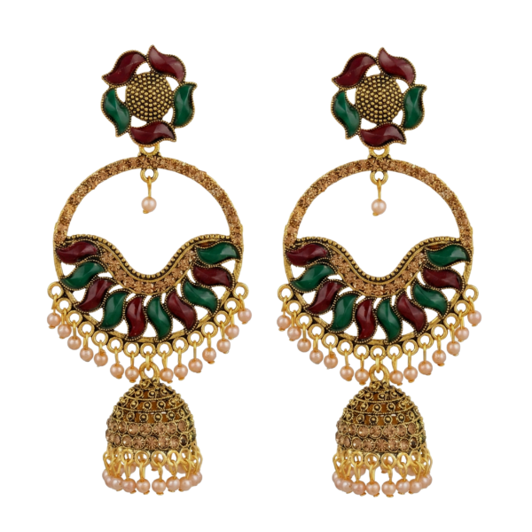 Ethnic Gold Plated Jhumka Earrings for Girls & Women | Handcrafted Meenakari Floral Chandbali Design with Faux Pearl Drops | Traditional Indian Festive Jewellery