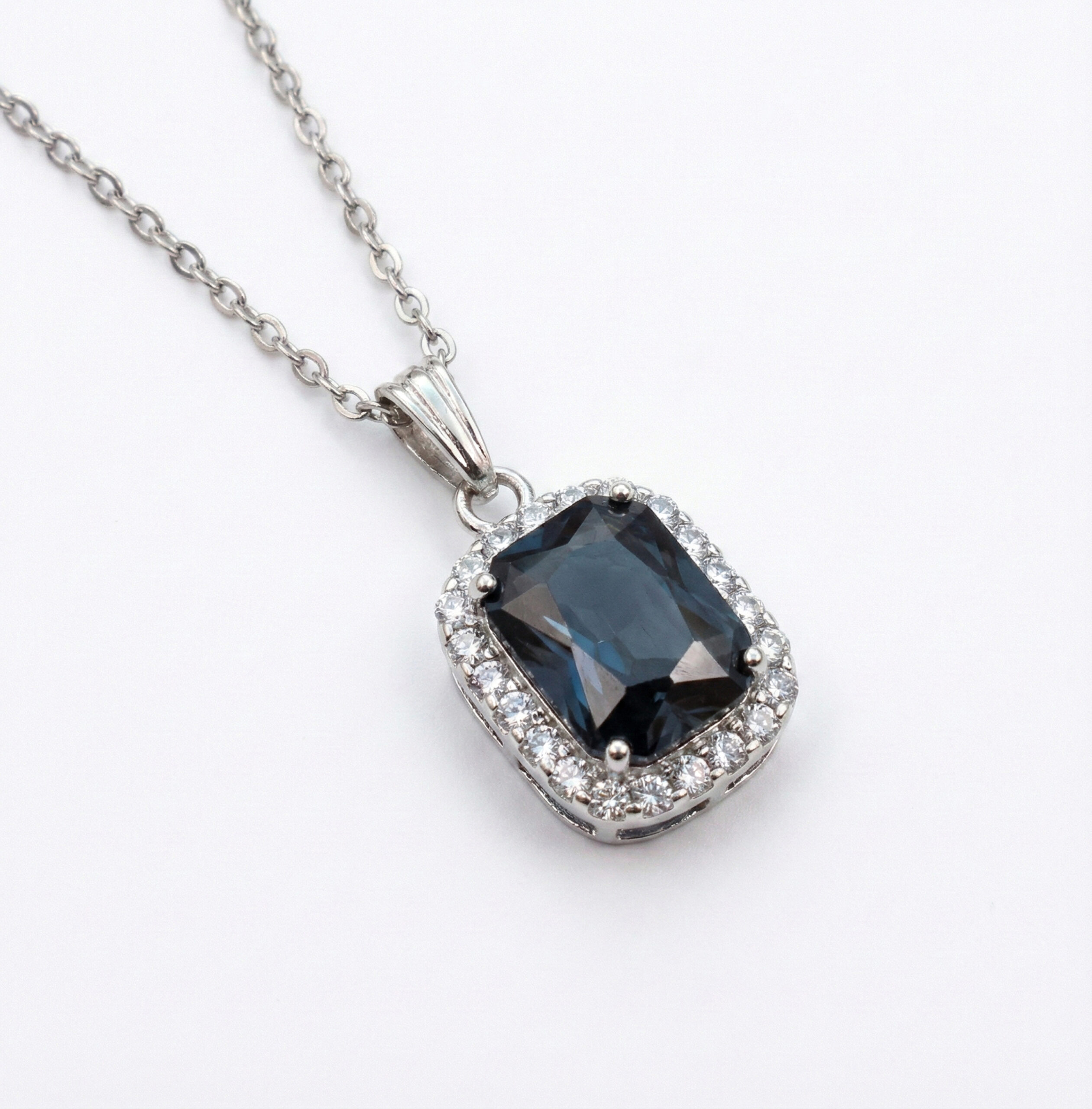 Closeup-View Emerald Cut Black Crystal Pendant Chain Necklace for Women - Image 1