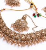 Traditional Champagne Gold Tone Choker Necklace Set with Earrings and Maang Tikka - Image 2