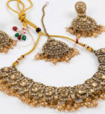 Antique Gold Tone Traditional Choker Necklace Set with Earrings & Maang Tikka - Image 2