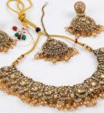 Antique Gold Tone Traditional Choker Necklace Set with Earrings & Maang Tikka - Image 2