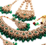 Traditional Emerald Green Crystal Beads and Gold-Plated Bridal Choker Necklace Set with Earrings, Maang Tikka & Passa - Image 2