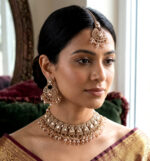 Traditional Champagne Gold Tone Choker Necklace Set with Earrings and Maang Tikka - Image 6