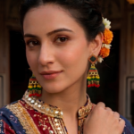 Meenakari Squari Jhumki on a woman