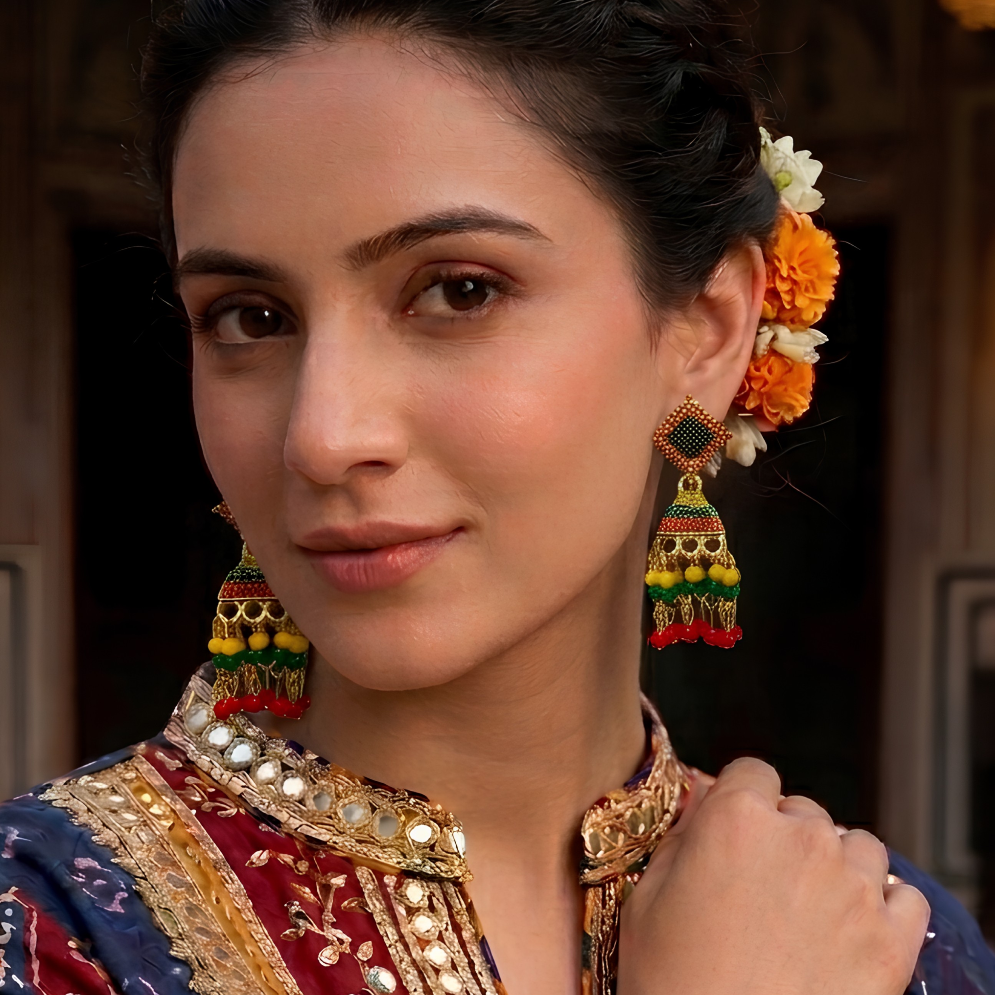 Meenakari Squari Jhumki on a woman