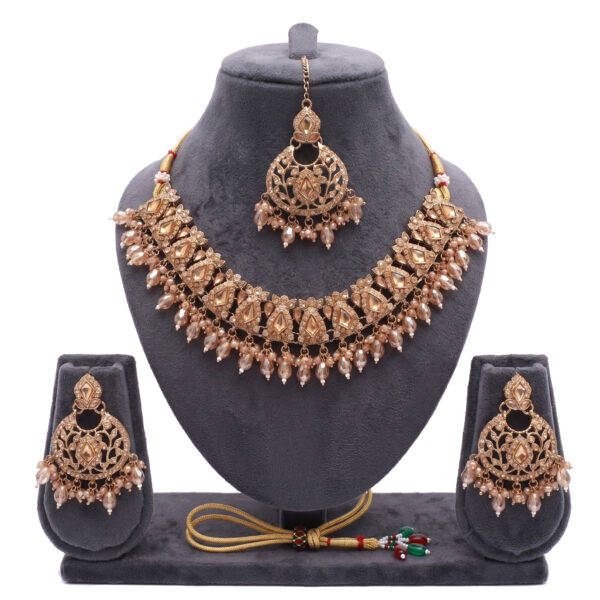 Traditional Champagne Gold Tone Choker Necklace Set with Earrings and Maang Tikka