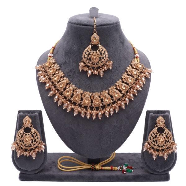 Traditional Champagne Gold Tone Choker Necklace Set with Earrings and Maang Tikka