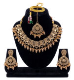 Antique Gold Tone Traditional Choker Necklace Set with Earrings & Maang Tikka