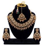 Antique Gold Tone Traditional Choker Necklace Set with Earrings & Maang Tikka