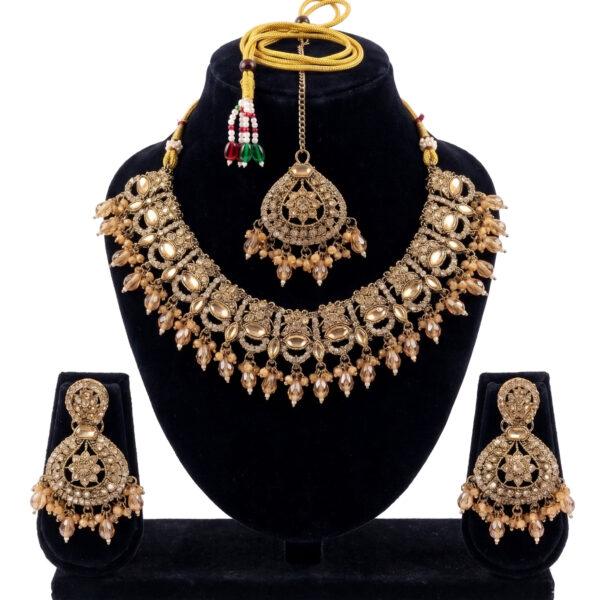 Antique Gold Tone Traditional Choker Necklace Set with Earrings & Maang Tikka