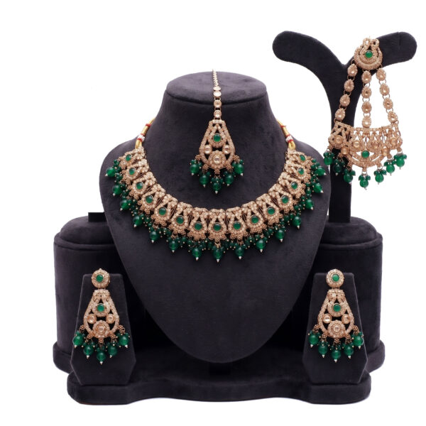 Traditional Emerald Green Crystal Beads and Gold-Plated Bridal Choker Necklace Set with Earrings, Maang Tikka & Passa