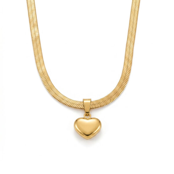 Gold Heart Pendant Necklace for Women Girls Teens, Minimalist 3D Puffy Heart on Flat Herringbone Snake Chain, Dainty Layering Choker Jewelry Gift